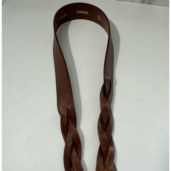 Fossil Leather Belt Twisted Center Braid Brass Brown/Cognac Oval Buckle Large - Picture 2 of 8